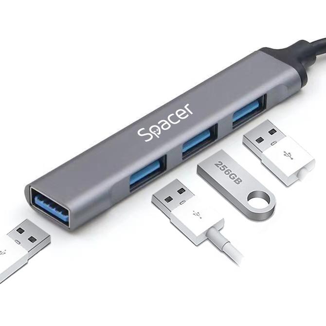 Hub extern Spacer USB 3.0, cablu 1m, aluminiu