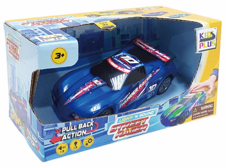 MASINUTA CU LUMINI, SUNETE SI SISTEM PULLBACK RACER, SCARA 1/24, ALBASTRU