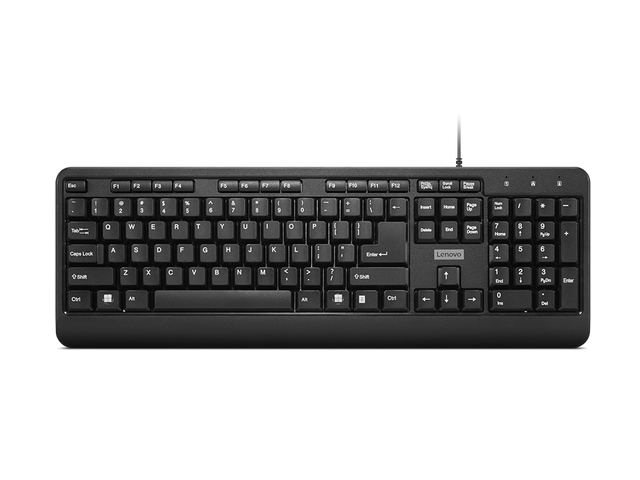 Tastatura Lenovo 160 Wired,  Interfata tastatura: USB, Numar taste: 104, Lungime cablu: 1.5m, Culoare: Negru, Tehnoligie: Cu fir, Dimensiuni (mm): 447 x 25 x 152, Greutate: 524g, Garantie: 1 an