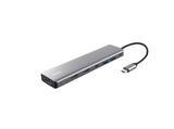 Adaptor Trust Dalyx 7-in-1, 2 porturi interfata USB-A 3.2 gen 1, 1 port USB-C, 2 porturi HDMI, 1 display port, 1 charging port USB-C 100W, led indicator oprit/pornit, lungime cablu 16cm, gri