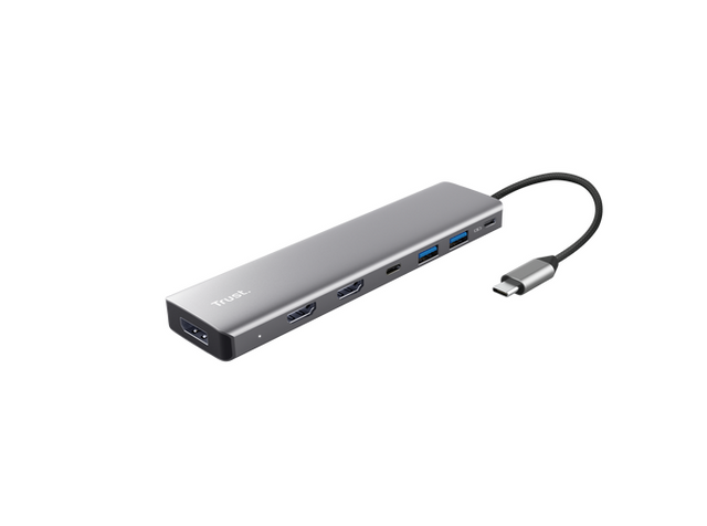 Adaptor Trust Dalyx 7-in-1, 2 porturi interfata USB-A 3.2 gen 1, 1 port USB-C, 2 porturi HDMI, 1 display port, 1 charging port USB-C 100W, led indicator oprit/pornit, lungime cablu 16cm, gri