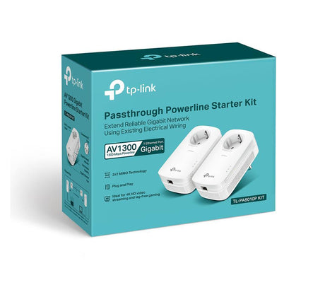 TP-Link AV1200 Gigabit Passthrough Powerline Starter Kit, TL-PA8010PKIT, HomePlug AV2, HomePlug AV, IEEE1901, IEEE802.3, IEEE802.3u,IEEE802.3ab, 1*Gigabit Ethernet Port, Power Socket, Pair Button, PWR,PLC, ETH