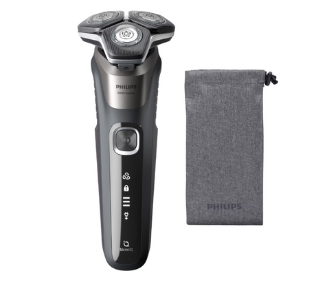 Aparat de barbierit PHILIPS Shaver Seria 5000 S5887/10, barbierit umed/uscat, tehnologie SkinIQ, fara fir, capete flexibile 360°, display LED, senzor Power Adapt, lame auto-ascutire, lama de tuns integrata, 60 min, husa, Gri carbon