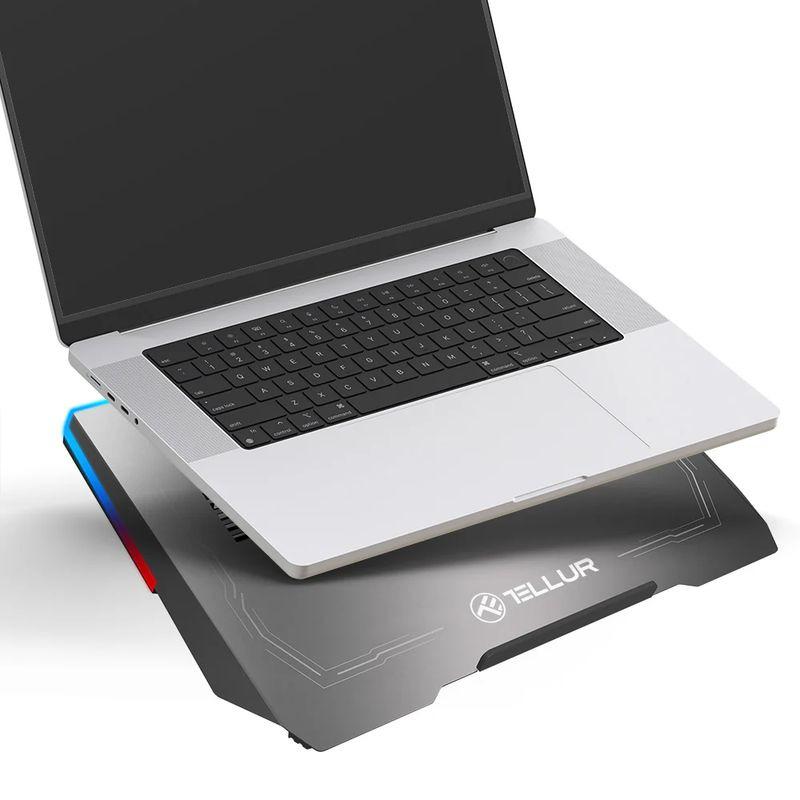 Cooler laptop Tellur Shade, pentru laptpori cu dimensiunea de 17", 3 ventilatoare, conexiune USB-A sau USB-C plug and play, iluminare RGB LED, gri