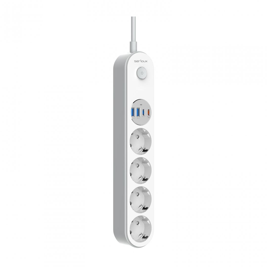 Prelungitor cu protectie Serioux SRXP-PS44W, 4 prize schuko, Tensiune intrare: 100-240V, 50-60Hz, Tensiune ieşire (total): 2500W-10A, 4 porturi USB (auto max), USB-C1-20W si USB-C2/A1/A2-12W, Amperaj port USB (max): 3.4A, Funcţie auto ID