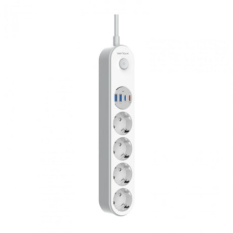 Prelungitor cu protectie Serioux SRXP-PS44W, 4 prize schuko, Tensiune intrare: 100-240V, 50-60Hz, Tensiune ieşire (total): 2500W-10A, 4 porturi USB (auto max), USB-C1-20W si USB-C2/A1/A2-12W, Amperaj port USB (max): 3.4A, Funcţie auto ID