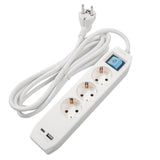 PRELUNGITOR SPACER, Schuko x 3, conectare prin Schuko (T),Type-C x1, USB x 1, 3.1A, cablu 3m, 16 A, max. 3500W, protectie copii, protectie supratensiune, Gri-Alb