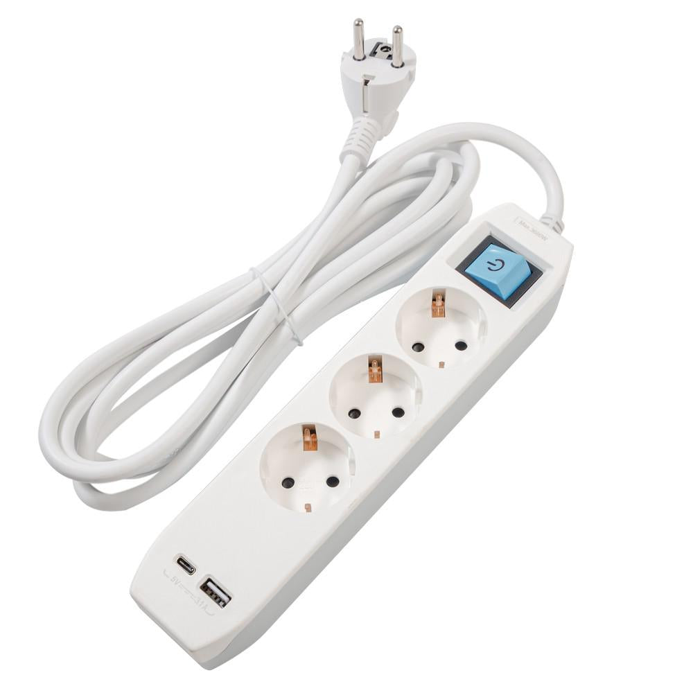 PRELUNGITOR SPACER, Schuko x 3, conectare prin Schuko (T),Type-C x1, USB x 1, 3.1A, cablu 3m, 16 A, max. 3500W, protectie copii, protectie supratensiune, Gri-Alb