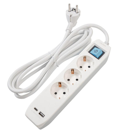 PRELUNGITOR SPACER, Schuko x 3, conectare prin Schuko (T),Type-C x1, USB x 1, 3.1A, cablu 3m, 16 A, max. 3500W, protectie copii, protectie supratensiune, Gri-Alb