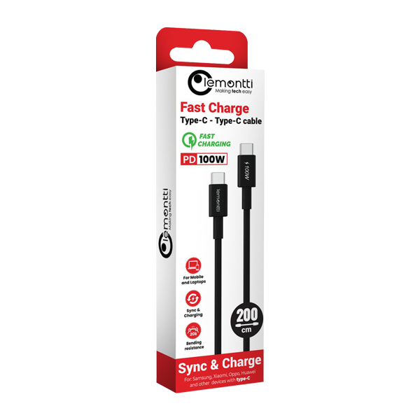 Cablu Lemontti Fast Charge Type-C la Type-C, PD, 100W, lungime 2m, Negru