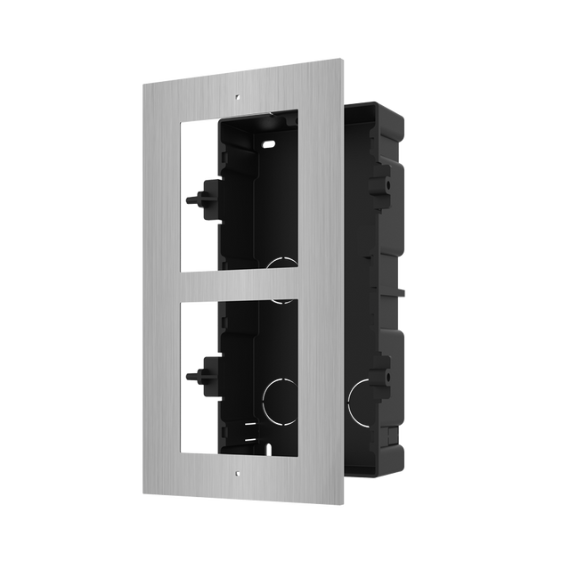 Panou frontal pentru 2 module de videointerfon modular Hikvision DS-KD- ACF2/S; permite conectarea a 2 module de interfon modular; montare incastrata; material otel inoxidabil; doza de plastic inclusa; dimensiuni:236mm x 124mm x 4mm;
