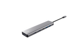 Adaptor Trust Dalyx 7-in-1, 2 porturi interfata USB-A 3.2 gen 1, 1 port USB-C, 2 porturi HDMI, 1 display port, 1 charging port USB-C 100W, led indicator oprit/pornit, lungime cablu 16cm, gri