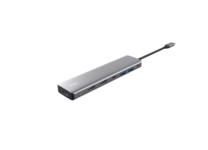 Adaptor Trust Dalyx 7-in-1, 2 porturi interfata USB-A 3.2 gen 1, 1 port USB-C, 2 porturi HDMI, 1 display port, 1 charging port USB-C 100W, led indicator oprit/pornit, lungime cablu 16cm, gri