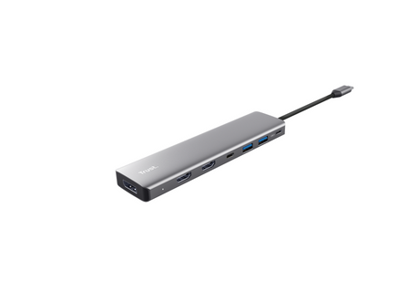 Adaptor Trust Dalyx 7-in-1, 2 porturi interfata USB-A 3.2 gen 1, 1 port USB-C, 2 porturi HDMI, 1 display port, 1 charging port USB-C 100W, led indicator oprit/pornit, lungime cablu 16cm, gri