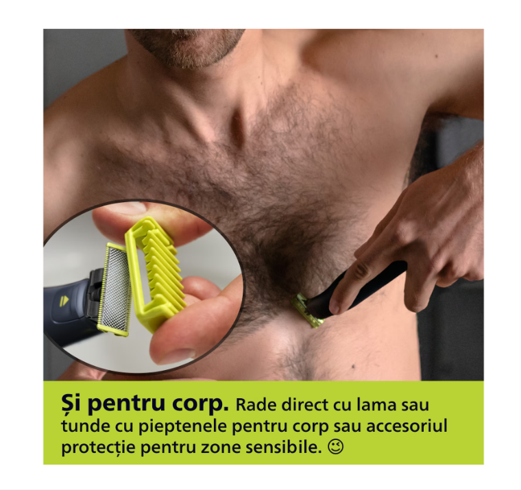 Aparat de ras (0,2mm) si tuns (0,4-10mm) PHILIPS OneBlade Pro QP6542/15, Fata&corp, pieptene cu 14 setari de lungime (0,4-10 mm), 2 accesorii pentru utilizare pe corp, 2 lame 360, 90 min (Li-ion), cablu de alimentare USB-A, fara adaptor pentru priza