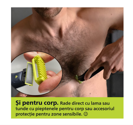 Aparat de ras (0,2mm) si tuns (0,4-10mm) PHILIPS OneBlade Pro QP6542/15, Fata&corp, pieptene cu 14 setari de lungime (0,4-10 mm), 2 accesorii pentru utilizare pe corp, 2 lame 360, 90 min (Li-ion), cablu de alimentare USB-A, fara adaptor pentru priza