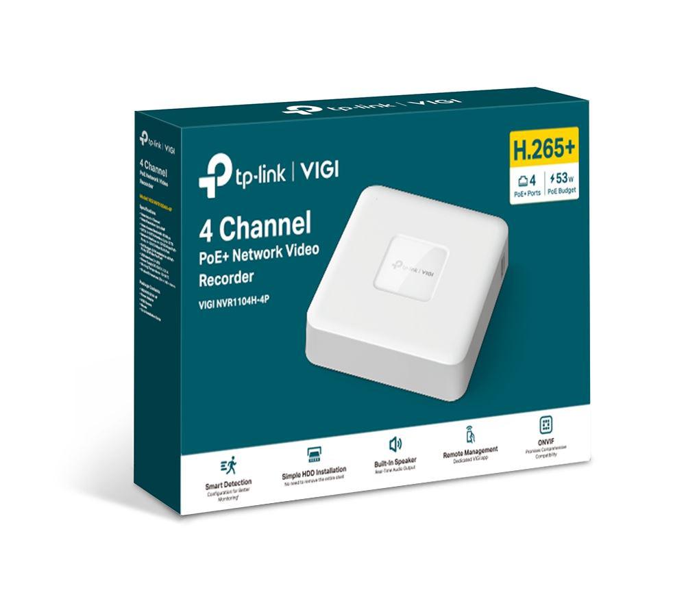 NVR PoE TP-Link VIGI 4 canale 1104H4P; 53W, 8 MP,1 SATA Interface, max 10TB, H.265+; ONVIF, Detecții avansate + sunete anormale