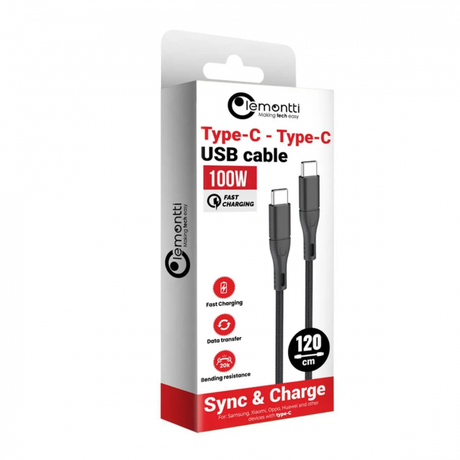 Cablu Lemontti Super Fast Charge Type-C la Type-C, PD 100W, putere: 100W：5V/3A、9V/3A、12V/3A、15V/3A、20V/5A, lungime 1.2m, cablu