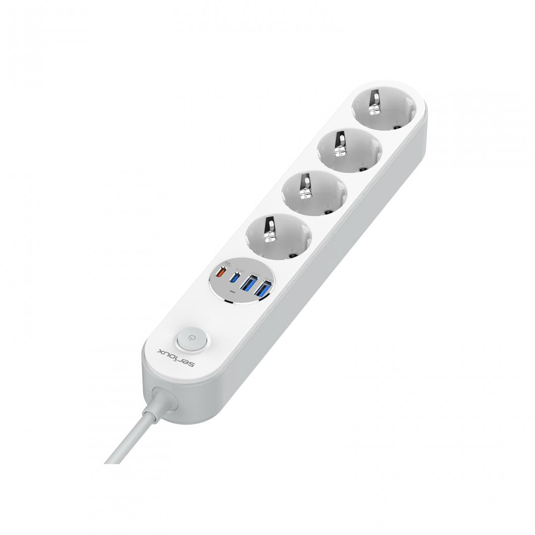 Prelungitor cu protectie Serioux SRXP-PS44W, 4 prize schuko, Tensiune intrare: 100-240V, 50-60Hz, Tensiune ieşire (total): 2500W-10A, 4 porturi USB (auto max), USB-C1-20W si USB-C2/A1/A2-12W, Amperaj port USB (max): 3.4A, Funcţie auto ID