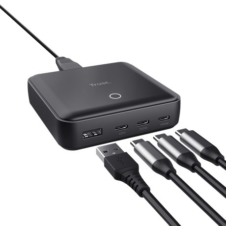 Statie de incarcare Trust,  4 porturi: 1 x USB-A & 3 x USB-C, putere maxima 100W, compatibil cu laptop, tableta, smartphone, accessorii, negru