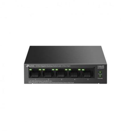 "5-Port Gigabit Desktop Switch with  4-Port PoE+ PORT: 4× Gigabit PoE+ Ports, 1× Gigabit Non-PoE Port SPEC: 802.3af/at, 65 W PoE Power, Desktop Steel Case FEATURE: Extend Mode for 250m PoE Transmitting, PoE Auto Recovery, Plug and Play"