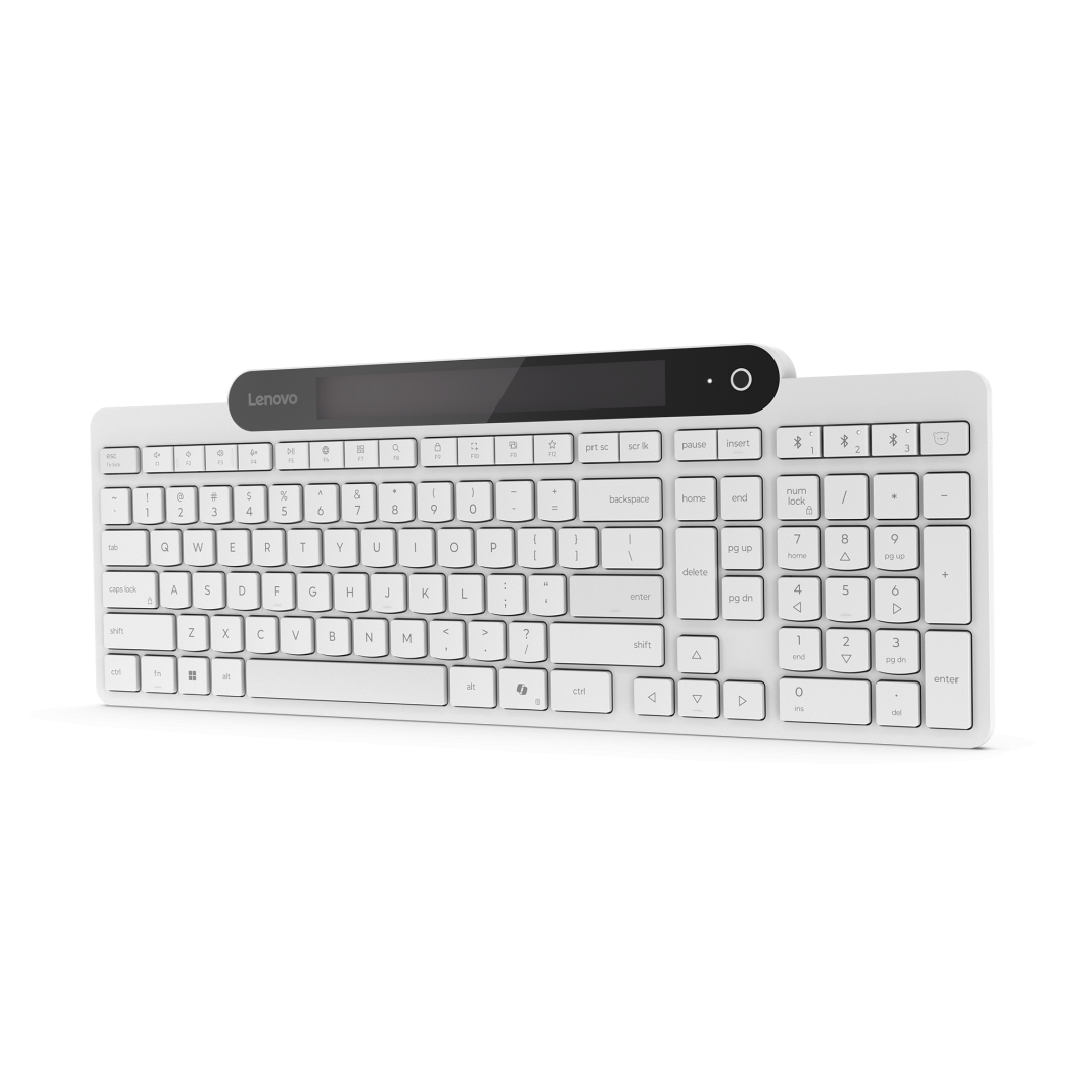 Tastatura Lenovo 800 Self-Charging Bluetooth; reincarcabila cu ajutorul luminii ambientale, fara spatiu destinat bateriilor clasice; layout: US; conectivitate: BT 5.1, se poate conecta la 3 dispozitive; greutate: 635g; compatibil cu Windows 10, Windows 11; culoare: alb
