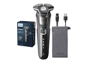 Aparat de barbierit PHILIPS Shaver Seria 5000 S5887/10, barbierit umed/uscat, tehnologie SkinIQ, fara fir, capete flexibile 360°, display LED, senzor Power Adapt, lame auto-ascutire, lama de tuns integrata, 60 min, husa, Gri carbon
