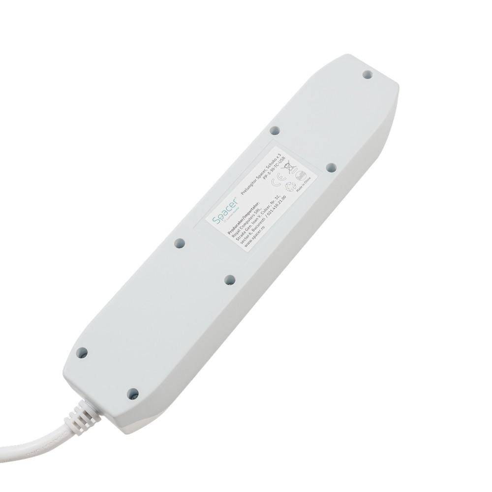 PRELUNGITOR SPACER, Schuko x 3, conectare prin Schuko (T),Type-C x1, USB x 1, 3.1A, cablu 3m, 16 A, max. 3500W, protectie copii, protectie supratensiune, Gri-Alb