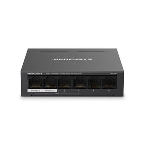 Mercusys Desktop Switch MS106LP 6 porturi 10/100Mbps, Standarde si protocoale  IEEE 802.3x Flow Control, 4 porturi POE, buget POE 40W, dimensiuni: 99.8*98*25mm.
