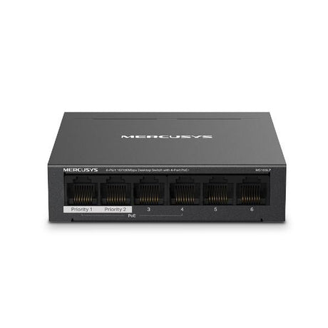 Mercusys Desktop Switch MS106LP 6 porturi 10/100Mbps, Standarde si protocoale  IEEE 802.3x Flow Control, 4 porturi POE, buget POE 40W, dimensiuni: 99.8*98*25mm.