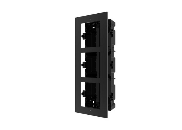 Panou frontal pentru 3 module videointerfon modular Hikvision DS-KD- ACF3; permite conectarea a 3 module de videointerfon modular; montareincastrata; material aluminiu, doza de plastic inclusa; dimensiuni:337.8mm x 124mm × 4mm; culoare: negru.
