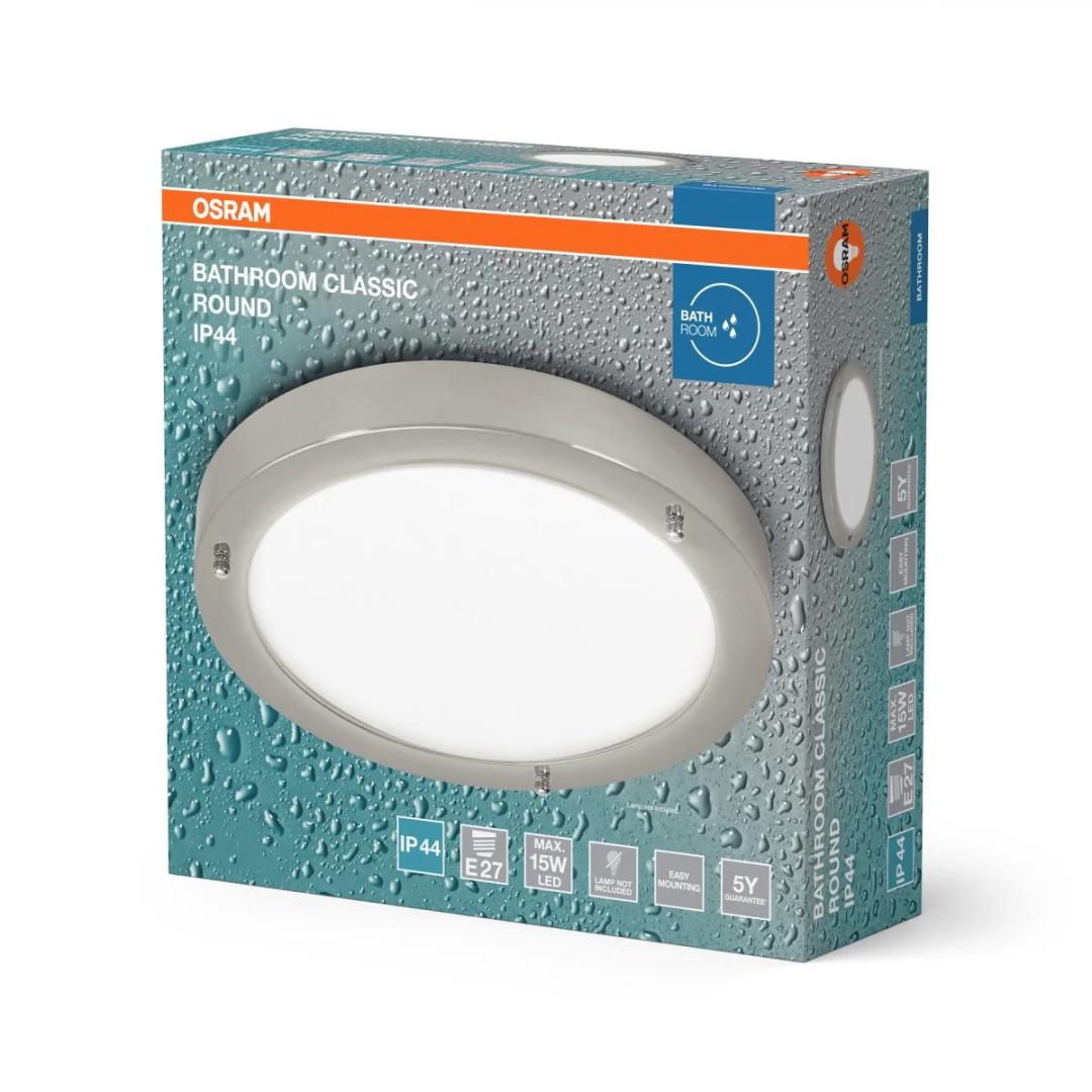 Plafoniera pentru baie OSRAM Classic Crom, E27, max. 15W LED,metal/sticla, IP44, Ø310x80mm, bec neinclus