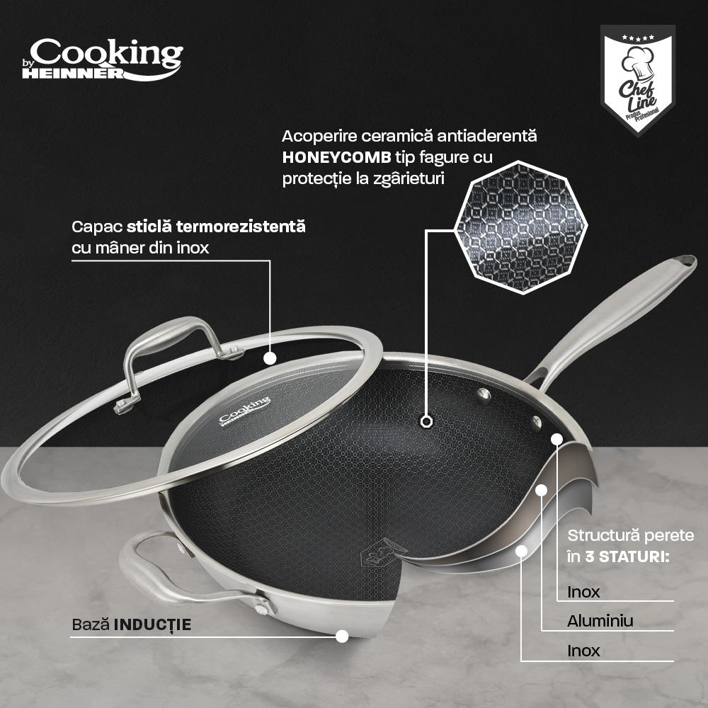TIGAIE WOK INOX + CAPAC STICLA 30x8.5 CM, 4.5L, TITANIUM3, COOKING BY HEINNER