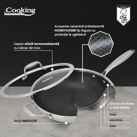 TIGAIE WOK INOX + CAPAC STICLA 30x8.5 CM, 4.5L, TITANIUM3, COOKING BY HEINNER