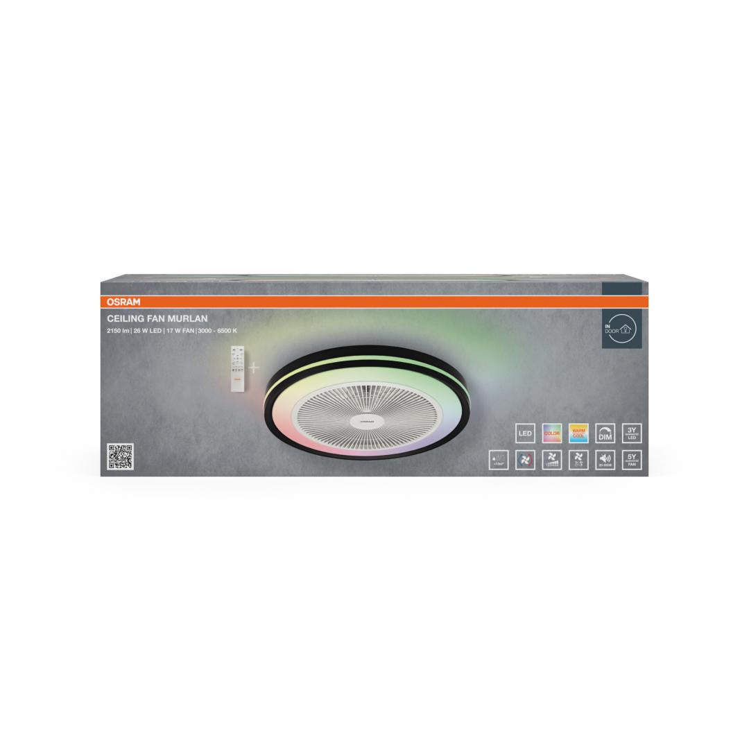 Plafoniera LED CCT cu ventilator Osram Murlan cu Telecomanda, 43W, 2150lm, lumina alba si color (3000-6500K), dimabila, IP20, max 1169 m³/h, timer 1h-4h-8h, Negru/Alb