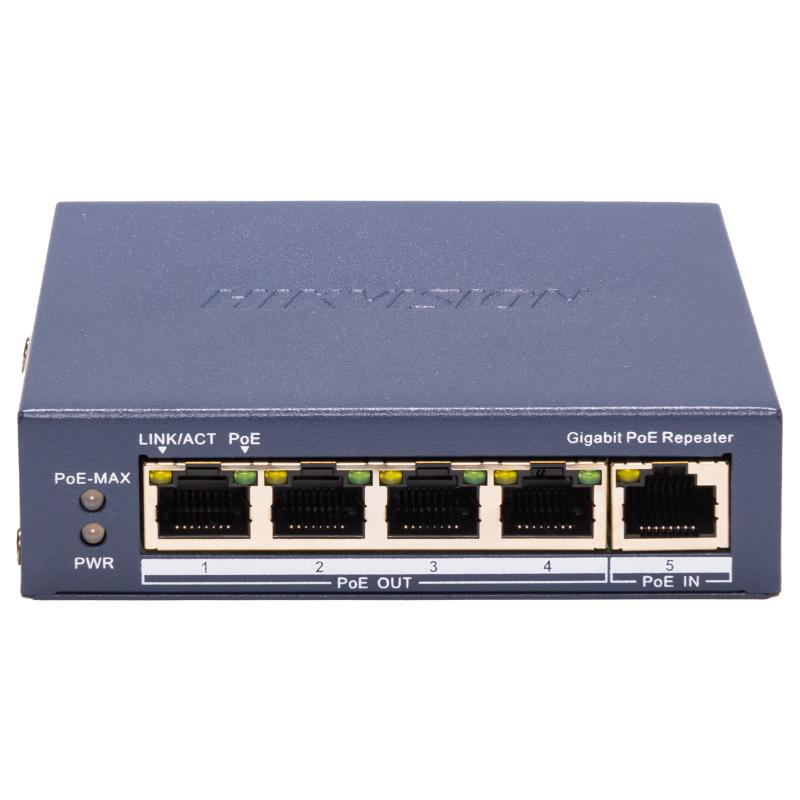 Repetor PoE Hikvision DS-3E0505P-E/R: 5 × 10/100 Mbps PoE PoE RJ45 port, 4 porturi PoE maxim 30W, buget PoE 60W, dimensiuni: 105.00 mm × 27.6 mm × 83.1 mm, greutate: 0.25kg, montare pe birou sau pe perete.