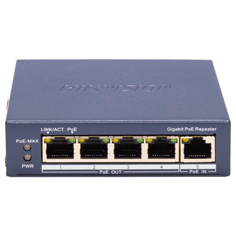 Repetor PoE Hikvision DS-3E0505P-E/R: 5 × 10/100 Mbps PoE PoE RJ45 port, 4 porturi PoE maxim 30W, buget PoE 60W, dimensiuni: 105.00 mm × 27.6 mm × 83.1 mm, greutate: 0.25kg, montare pe birou sau pe perete.