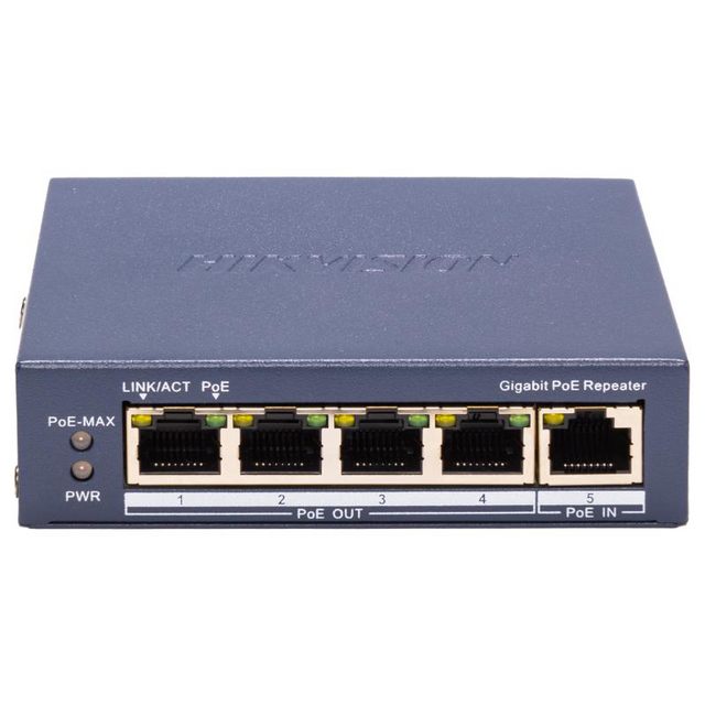 Repetor PoE Hikvision DS-3E0505P-E/R: 5 × 10/100 Mbps PoE PoE RJ45 port, 4 porturi PoE maxim 30W, buget PoE 60W, dimensiuni: 105.00 mm × 27.6 mm × 83.1 mm, greutate: 0.25kg, montare pe birou sau pe perete.