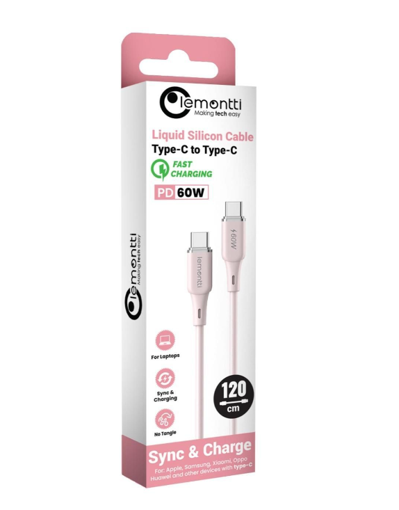 Cablu Lemontti Liquid SiliconType-C la Type-C, Fast Charge, PD 60W, lungime 1.2m, Roz