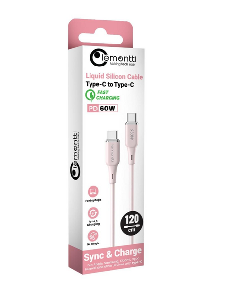 Cablu Lemontti Liquid SiliconType-C la Type-C, Fast Charge, PD 60W, lungime 1.2m, Roz