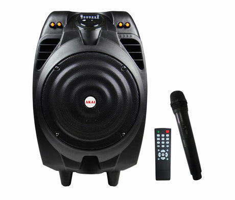 Boxa portabila Akai cu troller, putere totala 50W, autonomie 2-3h la volum maxim, timp de incarcare 4-6h, slot USB & SD card, raza de functionare de pana la 10m, functie de karaoke, microfon fara fir inclus, telecomanda inclusa, negru