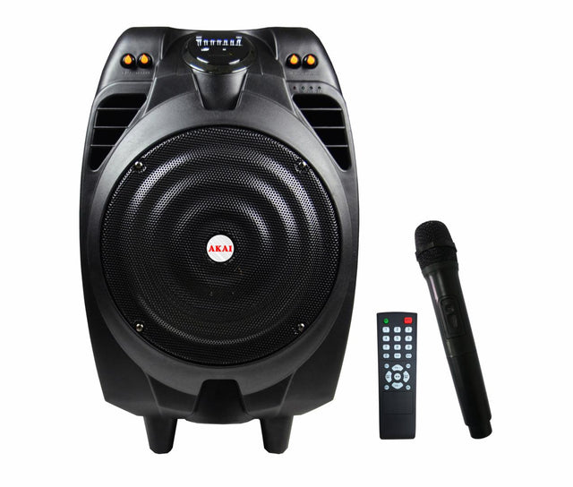 Boxa portabila Akai cu troller, putere totala 50W, autonomie 2-3h la volum maxim, timp de incarcare 4-6h, slot USB & SD card, raza de functionare de pana la 10m, functie de karaoke, microfon fara fir inclus, telecomanda inclusa, negru