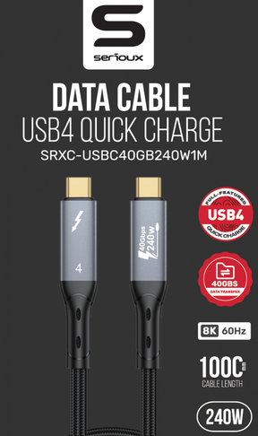 Cablu Serioux USB-C la USB-C, viteza transfer 40Gbs, lungime cablu 100cm, iesire video 8K@60HZ sau Dual 4k@60hz, negru
