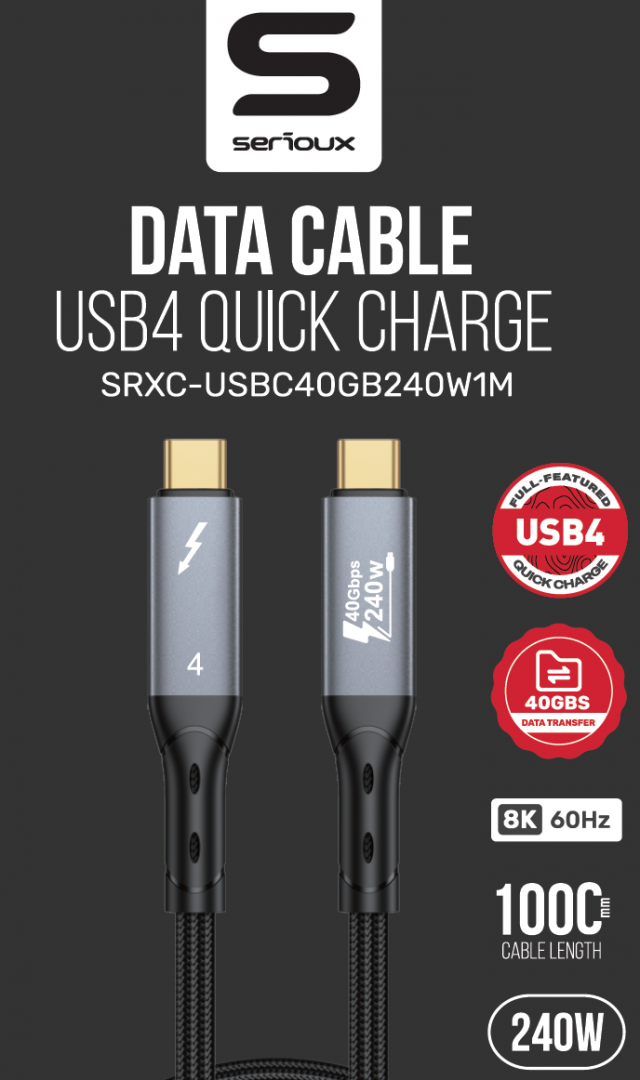 Cablu Serioux USB-C la USB-C, viteza transfer 40Gbs, lungime cablu 100cm, iesire video 8K@60HZ sau Dual 4k@60hz, negru