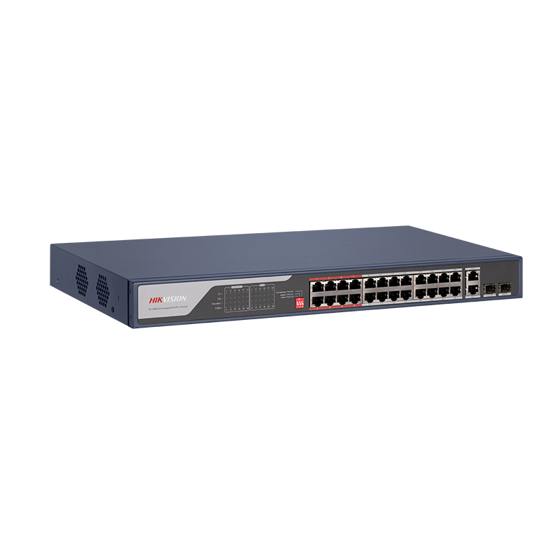Switch PoE Hikvision DS-3E0326P-E(C): 24 x 10/100Mbps PoE port,2 × Gigabit combo, buget PoE 370 W, tensiune alimentare 100 to 240 V AC, 50/60 Hz, Max. 6.5 A, dimensiuni: 440.00 mm × 44.00 mm × 220.80 mm, greutate: 3.54kg, montare in rack.
