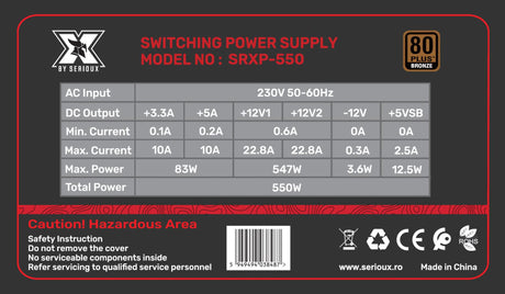 Sursa Serioux Energy 550W, Ventilator 12cm, ATX, material metal, cabluri: 20+4-pin, 1x4+4-pin, 2x6+2-pin, negru