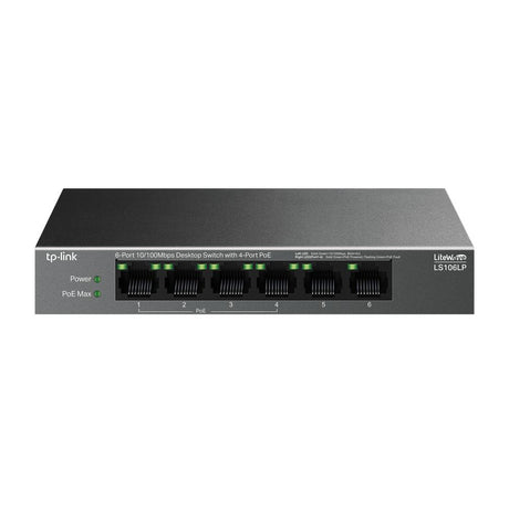 "6-Port 10/100 Mbps Desktop Switch with 4-Port PoE PORT: 4× 10/100 Mbps PoE Ports, 2× 10/100 Mbps Non-PoE Ports SPEC: 802.3af, 41 W PoE Power, Desktop Steel Case FEATURE: Extend Mode for 250m PoE Transmitting, PoE Auto Recovery, Plug and Play"