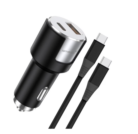 Incarcator auto Lemontti Fast Charge 1 x port PD Type-C 20W + 1 x port USB-A QC 3.0 18W cu cablu Type-C la Type-C 20W, lungime 1m, Negru/Argintiu