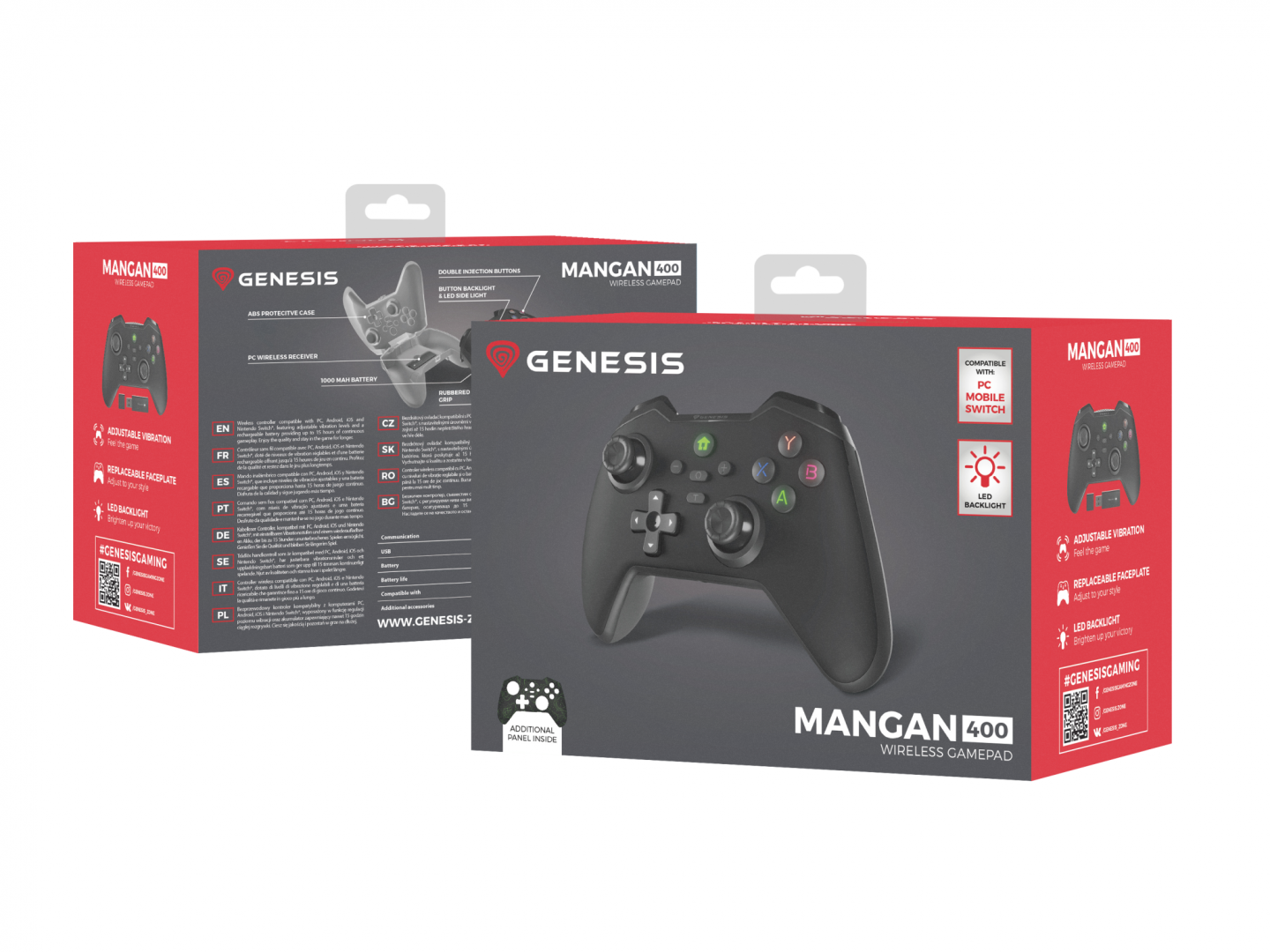 Controller wireless Genesis Mangan 400, tip Analog/Digital, interfata USB, bluetooth, numar butoane 19, lungime cablu 200 cm, acumulator 000 mAh, compatibilitate Android, iOS, MAC, Windows 10,11,7,8, negru