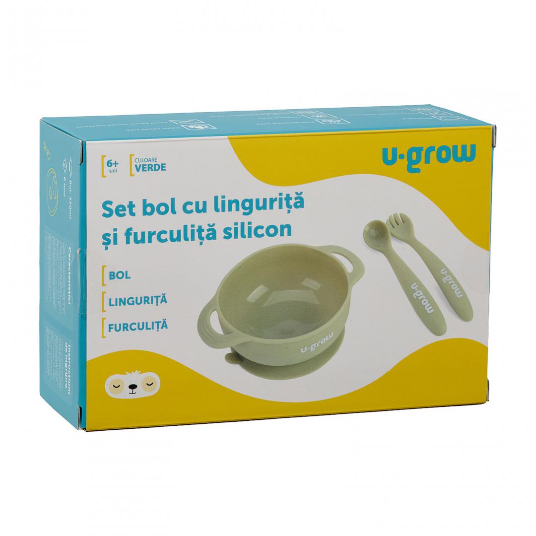 Set bol cu lingurita si furculita silicon, olive,U-Grow